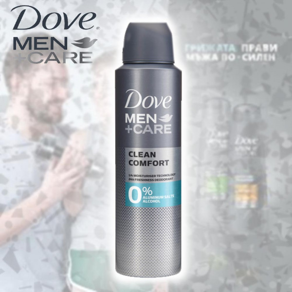 Мъжки део спрей DOVE Clean comfort 0% алуминий, 150 мл, дезодорант