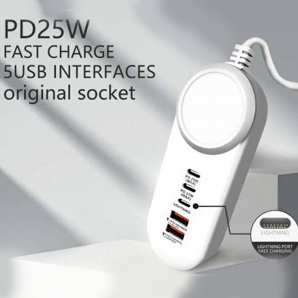 Мощен 18W захранващ адаптер PD FAST CHARGER -  2х USB, 2х TYPE C и Lightning порта