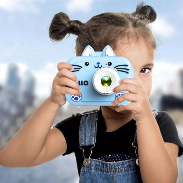 Супер сладурска детска камера-фотоапарат със силиконов кейс HELLO CAT BLUE