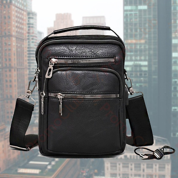 Удобна и практична мъжка чанта от еко кожа с USB изход и кабел BLACK 3901