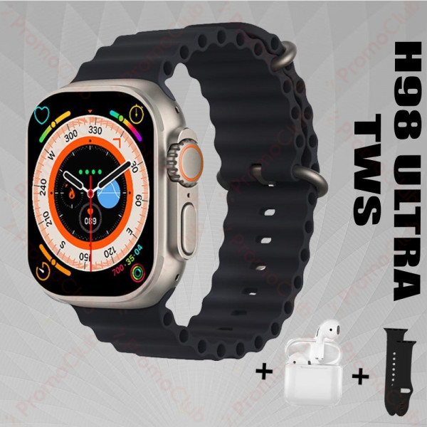 Невероятен СМАРТ комплект часовник и слушалки H98 ULTRA TWS, BLACK