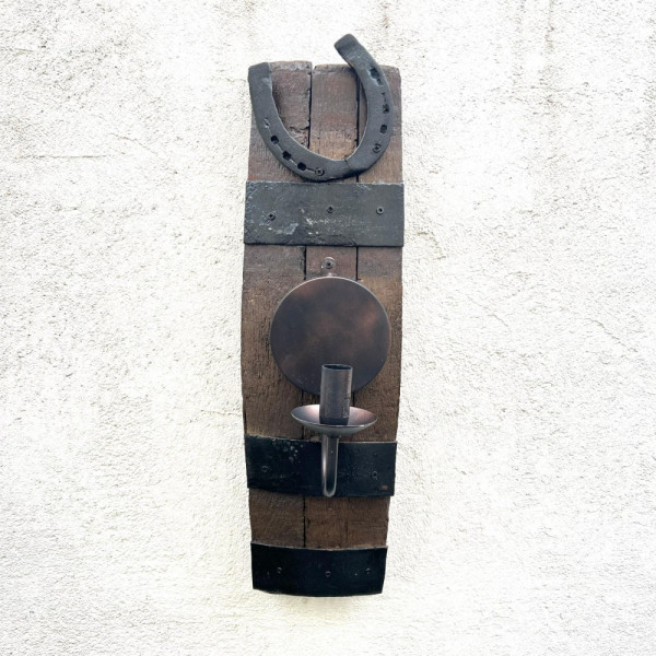 Ръчно изработен стенен аплик - лампа от дървено буре и ковано желязо, 50 см, Е14, винтидж, последни 3 броя