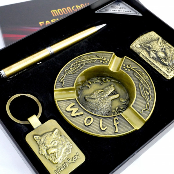 Елегантен подаръчен комплект Moongrass Wolf за мъж с метални пепелник, запалка, ключодържател и химикалка, бронзов цвят YJ6439