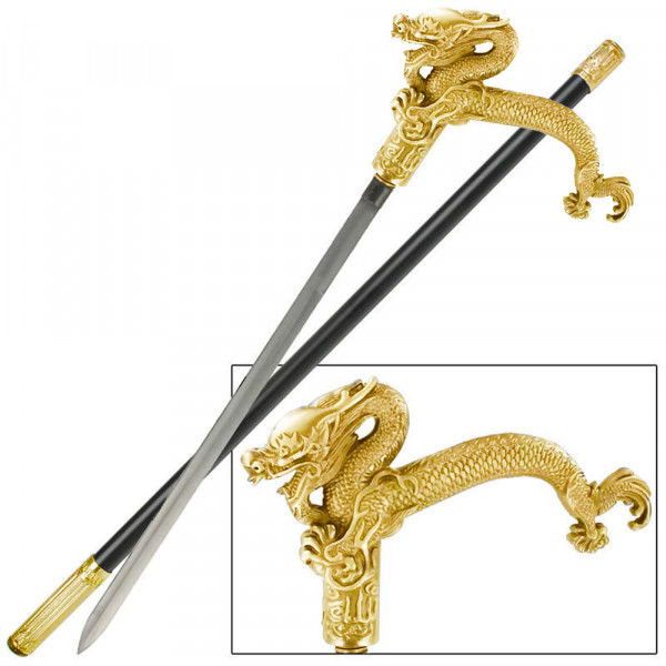 Елегантен бастун с метална дръжка ЗЛАТЕН ДРАКОН и вграден кинжал 40 см DRAGON DAGA CANE