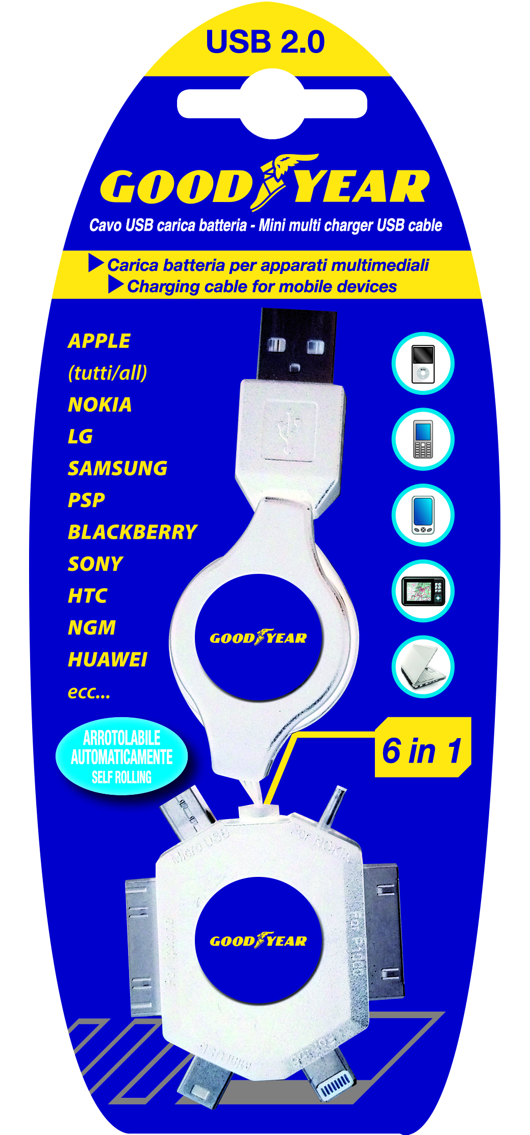 Универсално USB зарядно с 6 Адаптера за таблети и смартфони цвят Бял Goodyear Гудиър