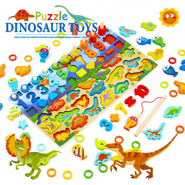 ✅ 🦎 Голяма дървена образователна играчка МОНТЕСОРИ с динозаври, рибки, рингове, цифри и фигурки CSDW-019, BF23