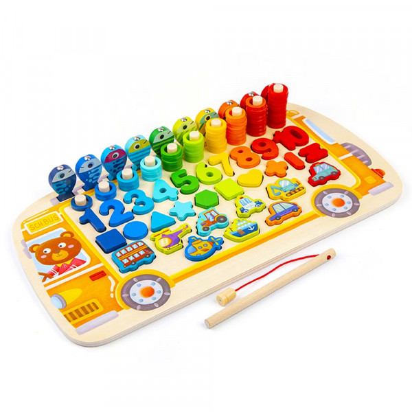 Образователна детска играчка 🚌БУС МОНТЕСОРИ - с рибки, рингове, цифри, фигурки и превозни средства CSDW-068