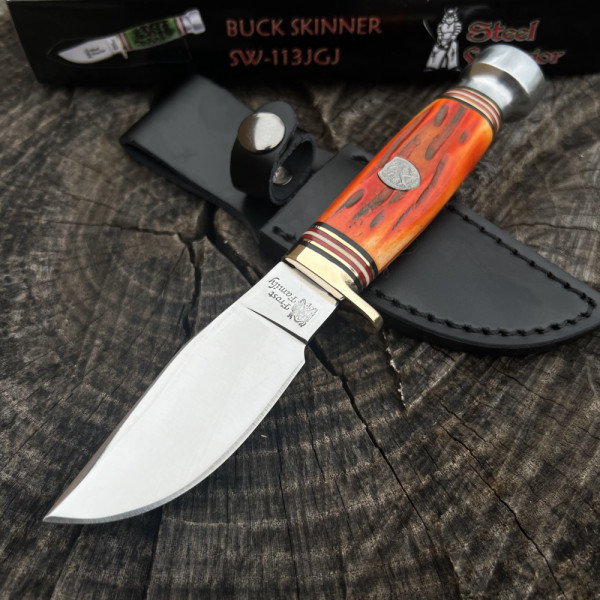 Бутиков ловен нож  BUCK SKINNER Steel Warrior SW-113, стомана 440, кожена кания, пораръчна кутия