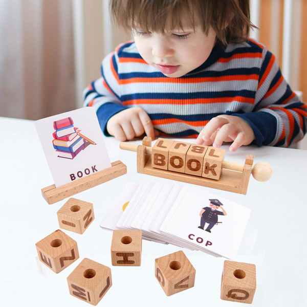 Образователни дървени кубчета за игра с букви - Учене по двойки думи, Монтесори HG11, BF23