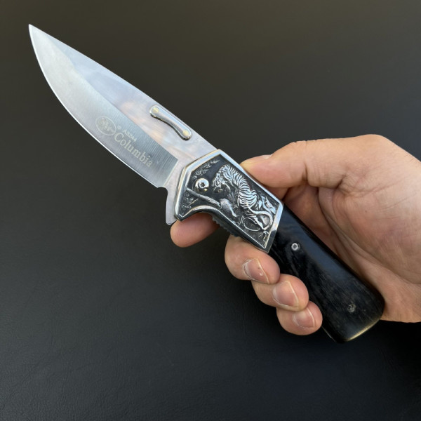 Бутиков сгъваем ловен нож Columbia A2344 BLACK, кожен кобур телешки бланк за колан