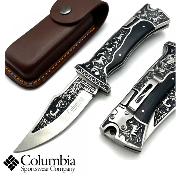 Премиум клас сгъваем ловен нож COLUMBIA A3189 BaBa BLACK, ​Кания от естествен телешки бланк, дръжка метал и махагон