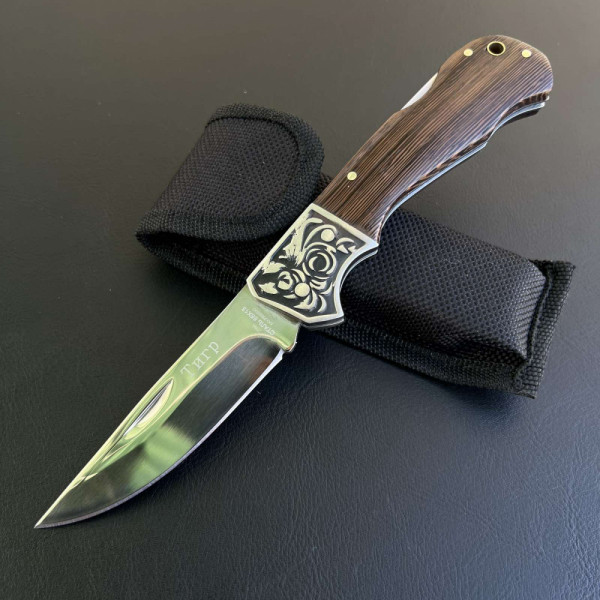 Руски сгъваем ловен нож ТИГР DARK, стомана 65х13, дървена венге орех и кобур за колан