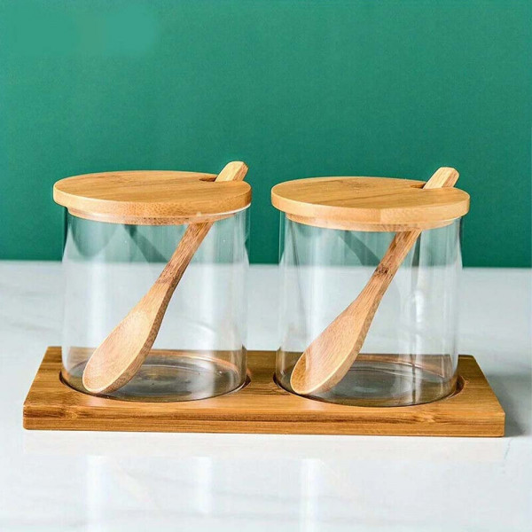 2бр Стъклени бурканчта с бамбукова капачка, лъжички и поставка - за всякакви подправки, стъклен буркан