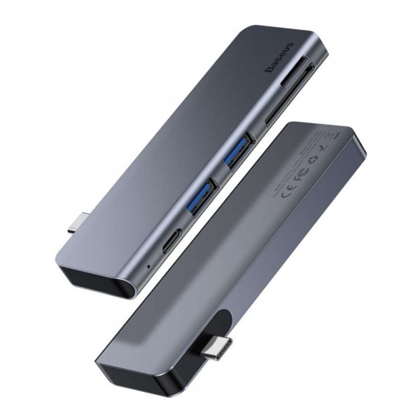 USB хъб Baseus Harmonica, 5 Порта, Type-C към 2xUSB 3.0, PD, TF, Micro SD, Сив - 12078