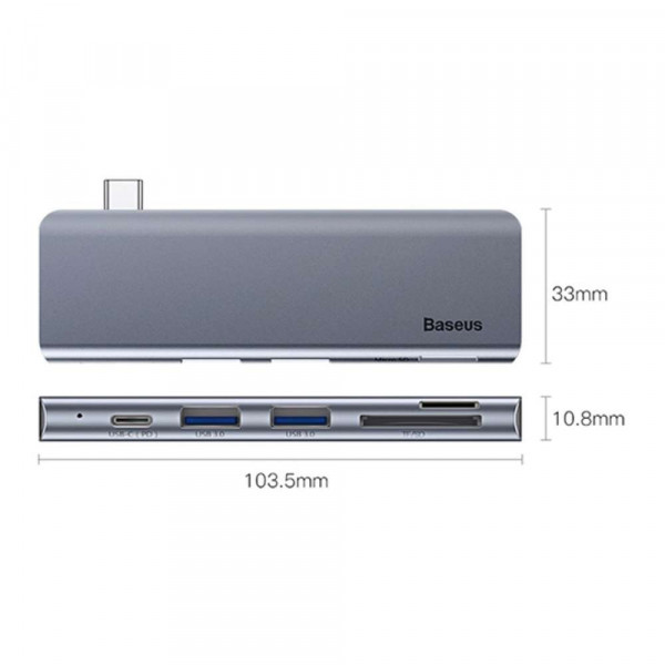 USB хъб Baseus Harmonica, 5 Порта, Type-C към 2xUSB 3.0, PD, TF, Micro SD, Сив - 12078