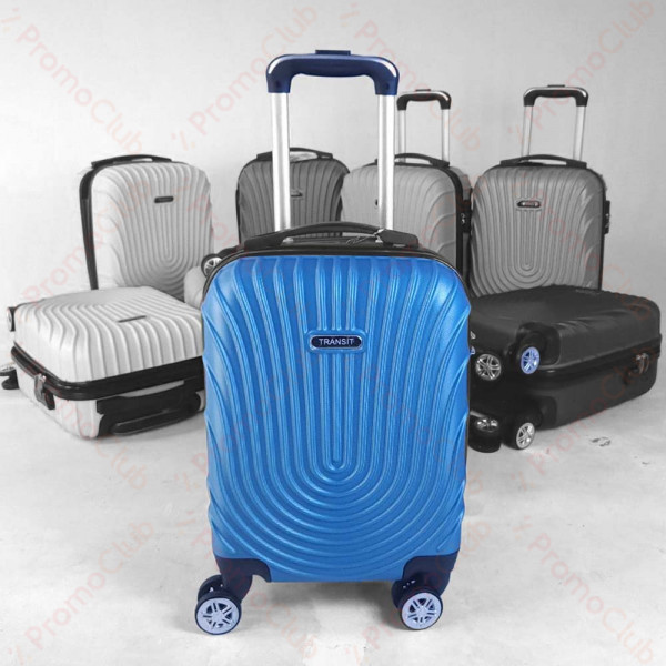 Твърд авио куфар - спинър за ръчен багаж с 4 колела и телескопична дръжка, ABS TRANSIT WAVE със свалящи се колела, BLUE