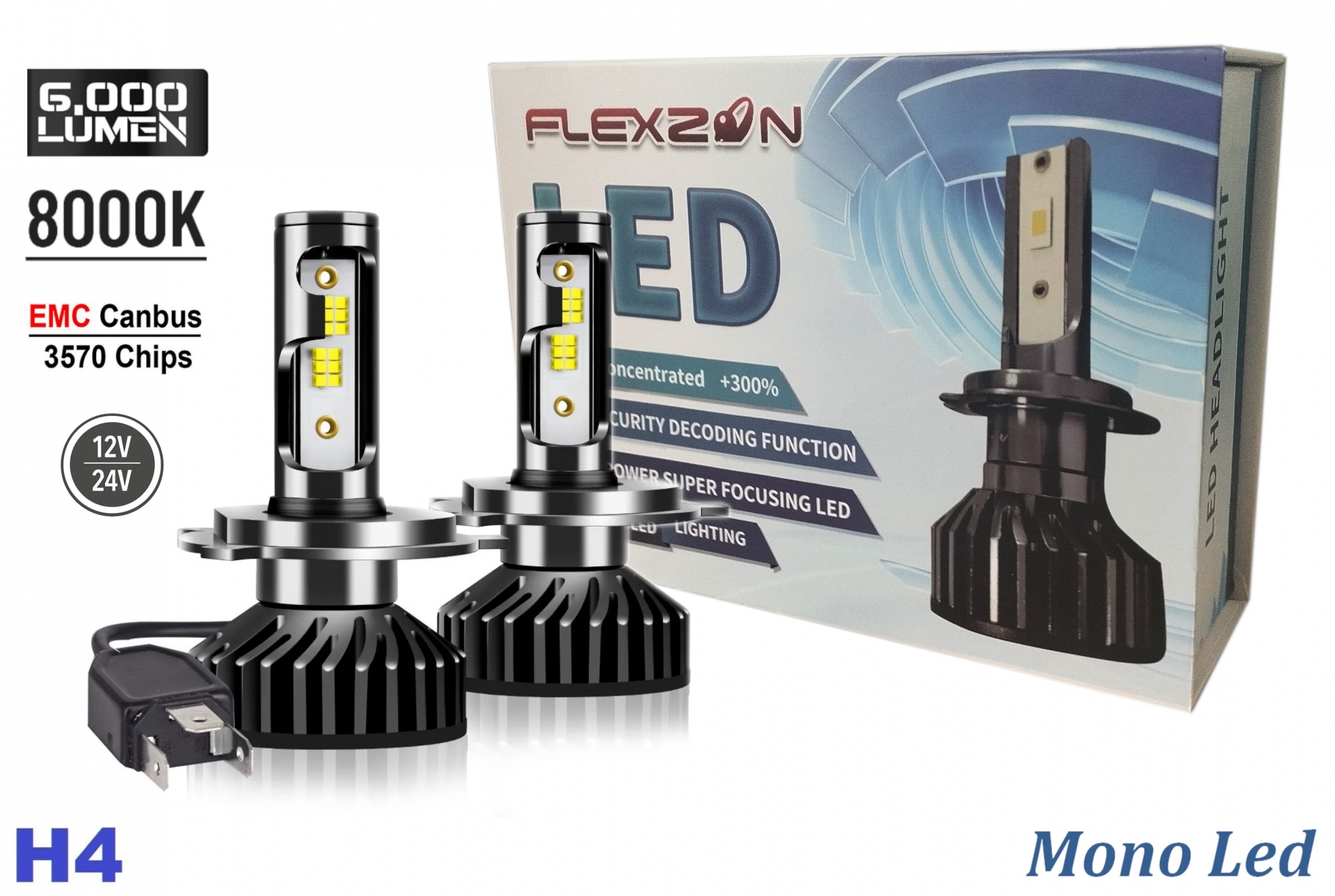 Комплект от 2бр Умалени Мини Лед Led Диодни Крушки H4 Х4 12V - 24V 50W 12000lm Mono LED +300% За Фарове Can Bus без грешки къси/дълги