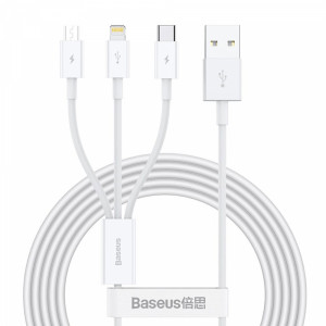 Кабел за зареждане Baseus Superior, 3 в 1, Micro USB, Lightning, Type-C, 1.0m, Бял - 40438