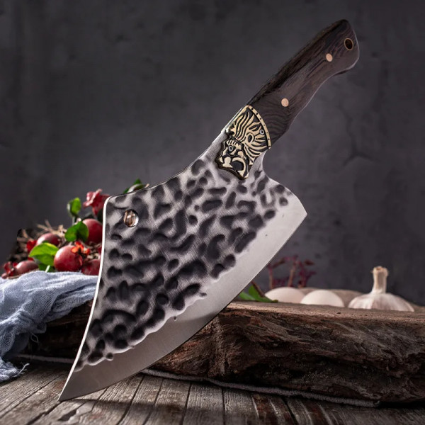 Екзотичен ловен нож - сатър TIGER WOOD, фултанг с фървена дръжка и калъф