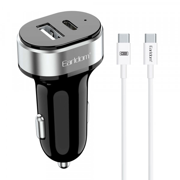 Зарядно устройство за кола Earldom ES-CC14, 1xUSB, 1xType-C, С PD Type-C кабел, Черен - 40354