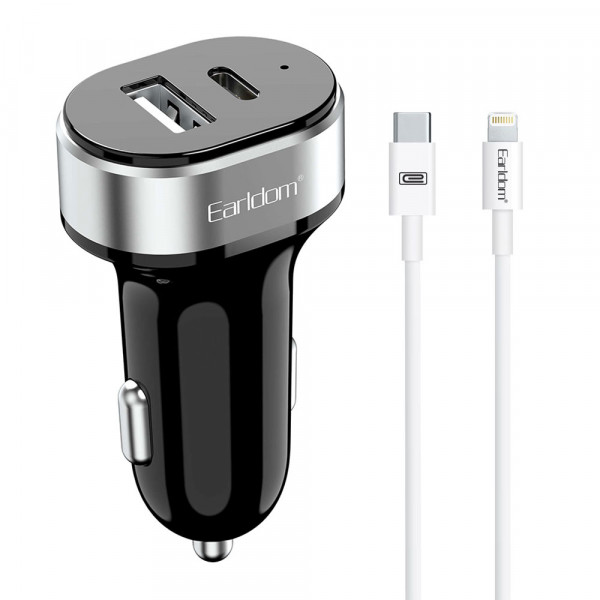 Зарядно устройство за кола Earldom ES-CC14, 1xUSB, 1xType-C, С PD Lightning кабел, Черен - 40355