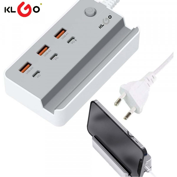 2в1 Зарядна Станция Power Socket и поставка за телефон 35W KLGO HB-100 с 3 USB Fast Charge и 3 Fast Type C Изхода