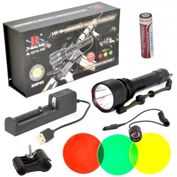 Мощен ловен LED фенер X-BALOG Q158-P90 със стойка за монтаж на оръжие и 3бр. филтри за светлина
