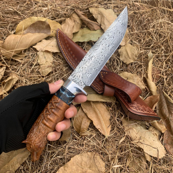 Японски ловен нож MYATO WOOLF DAMASK, дамаска стомана G10, кожена кания, ръчна изработка