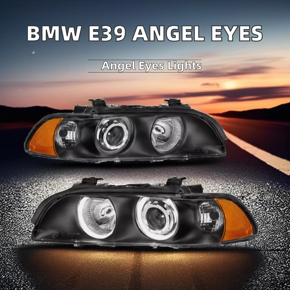 Комплект фарове с Angel Eyes за BMW 5-та серия E39 1997–2003г. черни с крушки