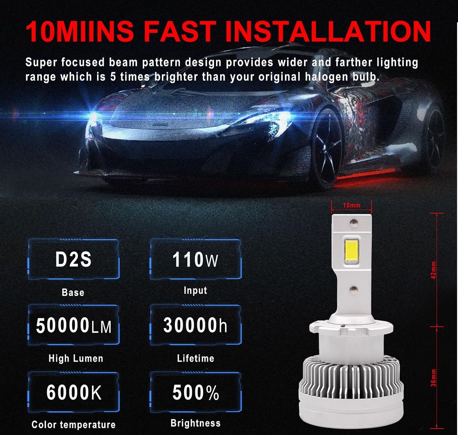 Комплект от 2 броя LED ЛЕД диодни крушки D2S за xenon 12-24V 50000lm Canbus без грешки 6000K