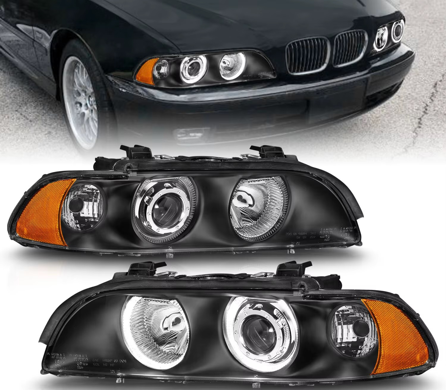 Комплект фарове с Angel Eyes за BMW 5-та серия E39 1997–2003г. черни с крушки