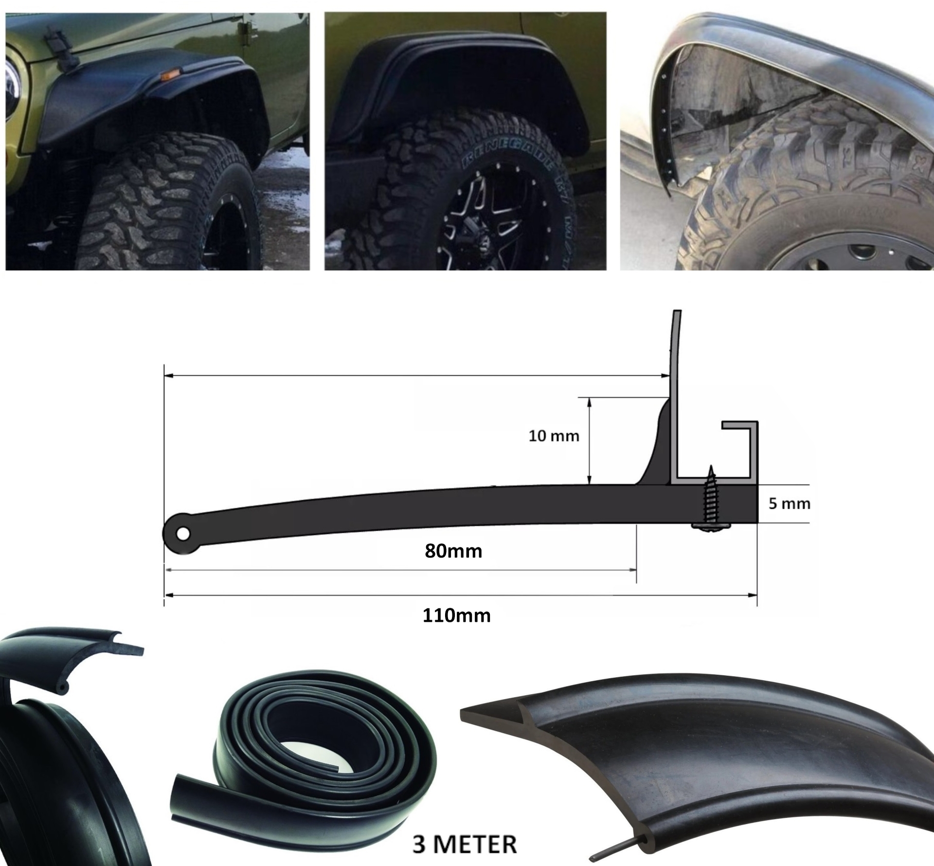 Гумен уширител протектор за калници за offroad офроуд джип SUV микробус автомобил 8cm x 3m черен