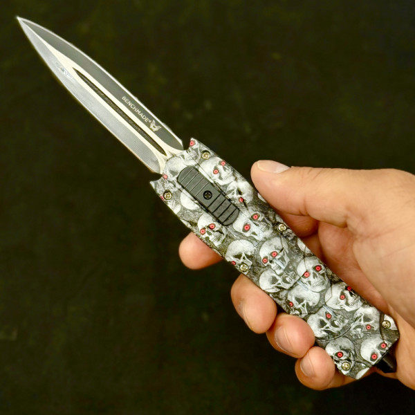 Автоматичен  двуостър нож за самозащита BENCHMADE WHITE SKULL,  стомана D2