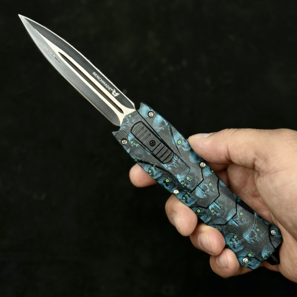 Автоматичен  двуостър нож за самозащита BENCHMADE BLUE SKULL,  стомана D2