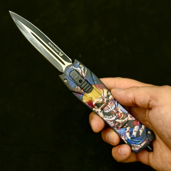 Автоматичен  двуостър нож за самозащита BENCHMADE DEAD MAN SKULL,  стомана D2
