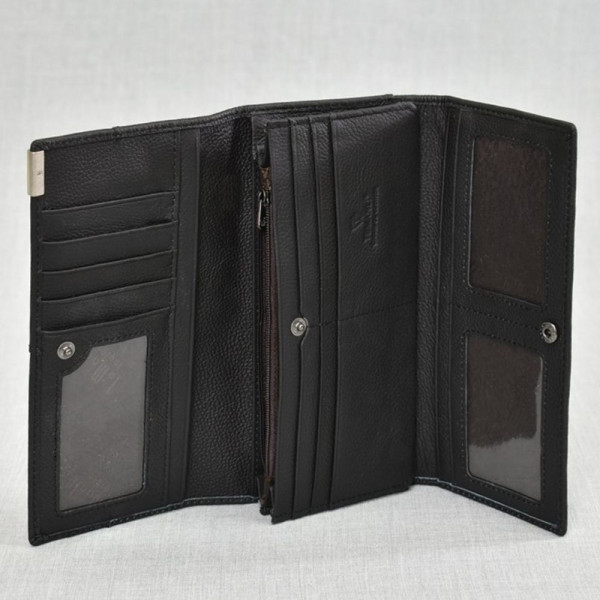 Стилно черно портмоне от естествена кожа с много отделения - BLACK - 4205