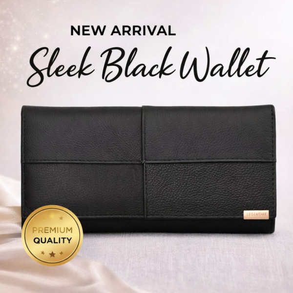 Стилно черно портмоне от естествена кожа с много отделения - BLACK - 4205