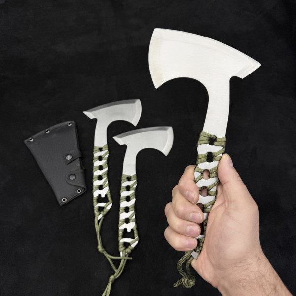 Комплект три томахока за хвърляне TRINITY AXE, стомана 3CR13Mov, паракорд по дръжките, общ кобур