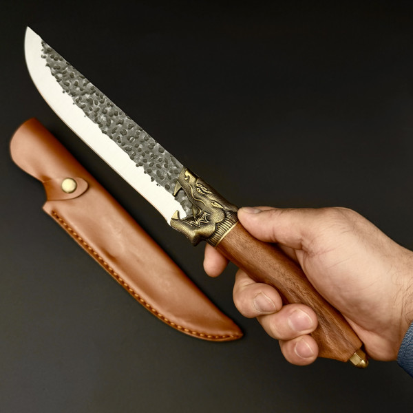 Голям кухненски нож на шефа Chef's DRAGON, стомана 5Cr13Mov, дръжка розово дърво и месингов DRAGON гард