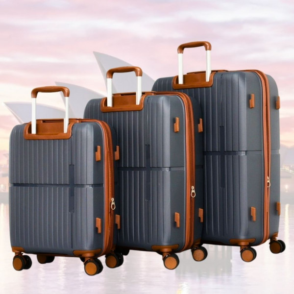 Стилен комплект от 3 броя куфари GREY  - малък, среден и голям, авиокуфари от полипропилен - 2007- тъмно сив