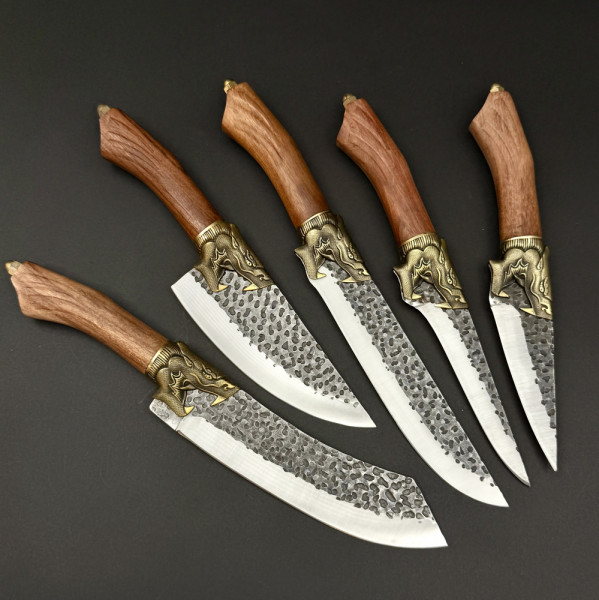 Голям кухненски сет ножове  Inter Chef's DRAGON SET,  5 броя остриета за всички  дейности, стомана 5Cr13Mov, дръжки от розово дърво и месинг