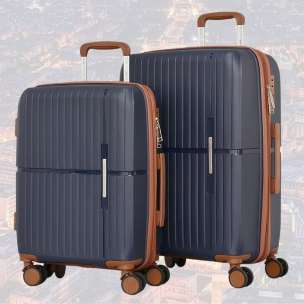 Стилен комплект от 2 броя куфари DARK BLUE  - малък и среден, авиокуфари от полипропилен - 2007-1 - тъмно синьо