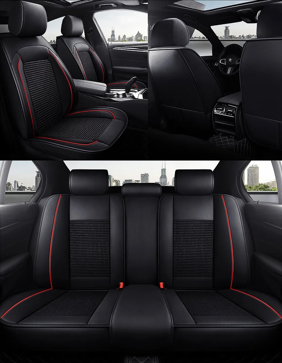 Комплект Луксозна универсална тапицерия кожа с текстил, Черна с червен шев за Предни и Задни седалки