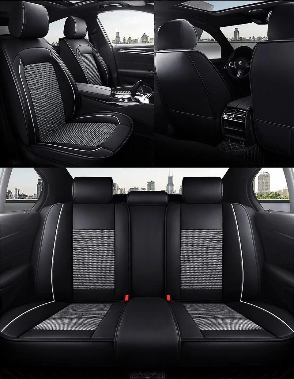 Комплект Луксозна универсална тапицерия кожа с текстил, Черна с бял кант за Предни и Задни седалки