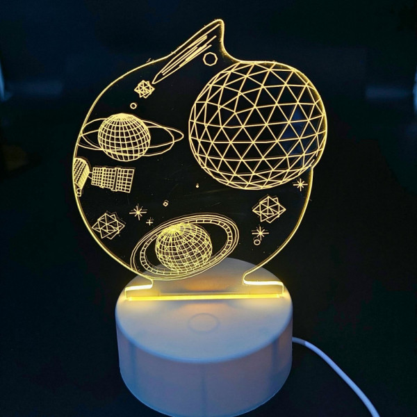 LED 3D лампа „Галактика“ – акрилен космически дизайн с планети, мека нощна светлина и USB захранване