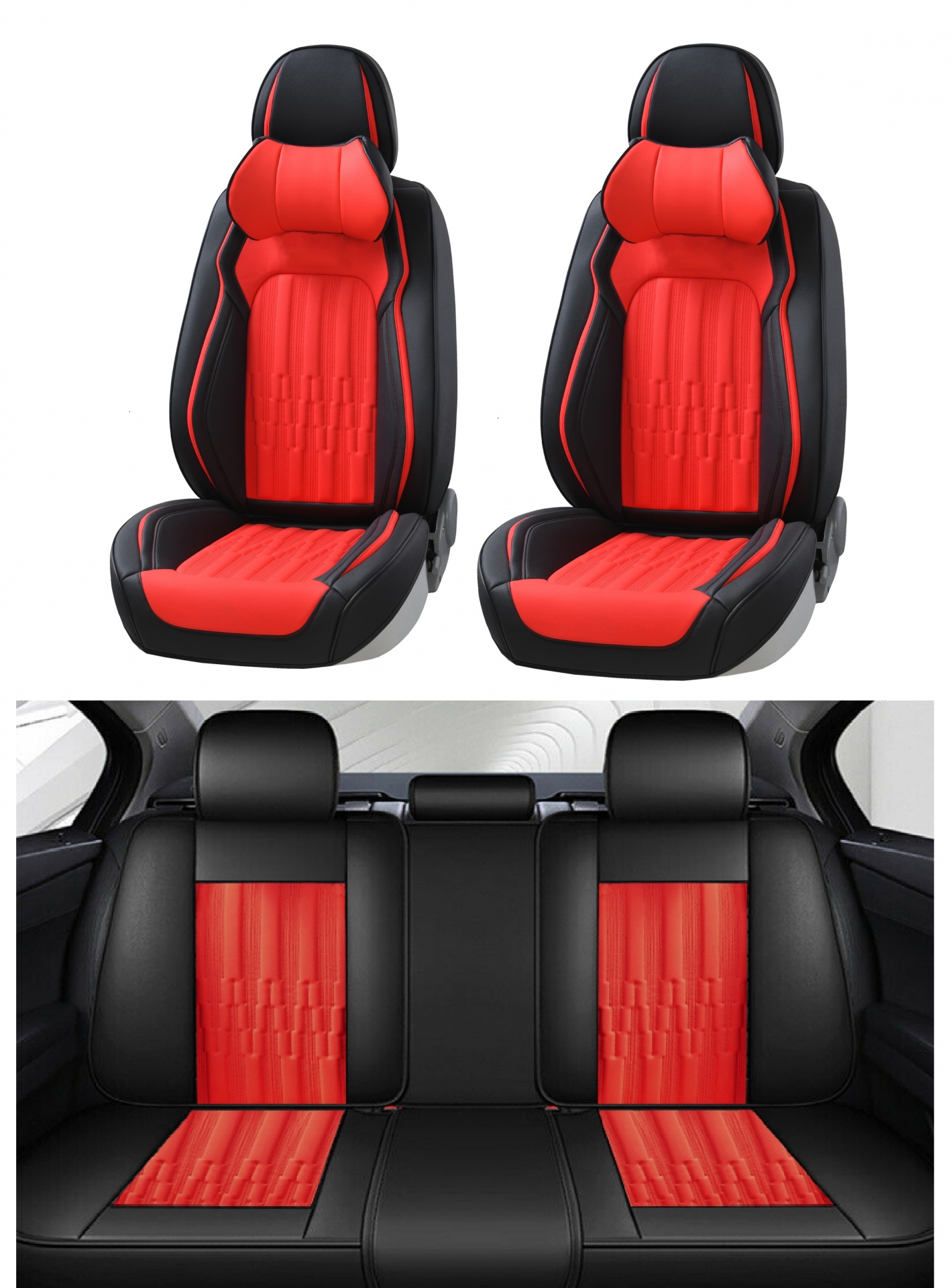 Пълен Комплект Универсална Тапицерия, Калъфи За Автомобилни Седалки Лукс Еко Кожа в Черно и Червено, с възглавнички TAP882