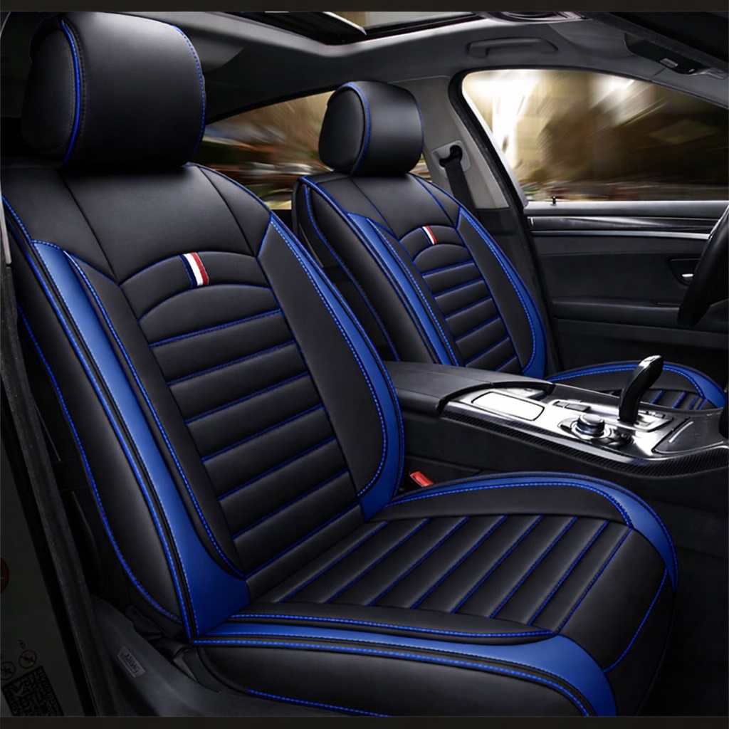Комплект Луксозна универсална кожена тапицерия, Черна със син шев за Предни и Задни седалки