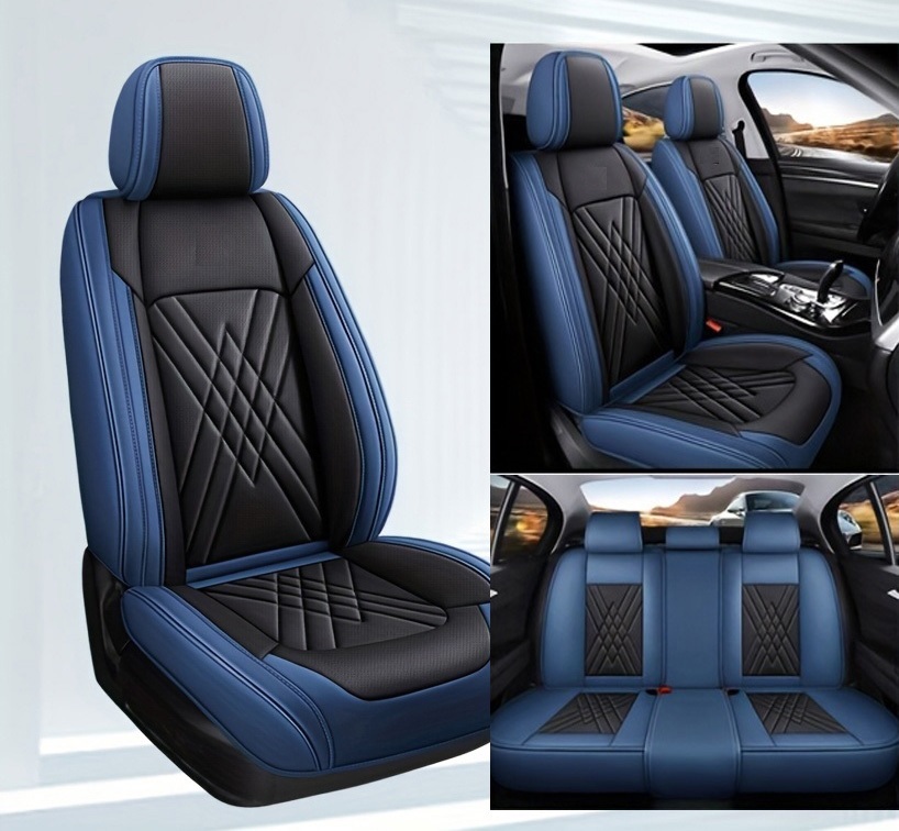 Комплект Луксозна универсална кожена тапицерия, синьо и черно за Предни и Задни седалки