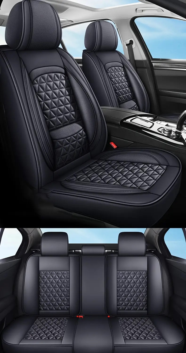 Комплект Луксозна универсална кожена тапицерия, Черна за Предни и Задни седалки