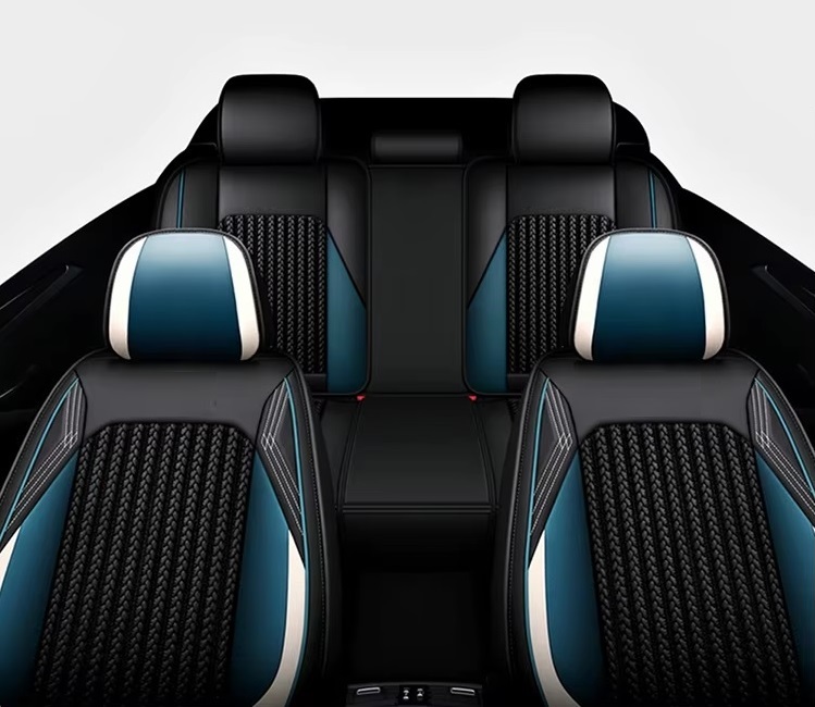 Комплект Луксозна универсална тапицерия кожа с текстил, Черна с бял и син акцент, За Предни и Задни седалки